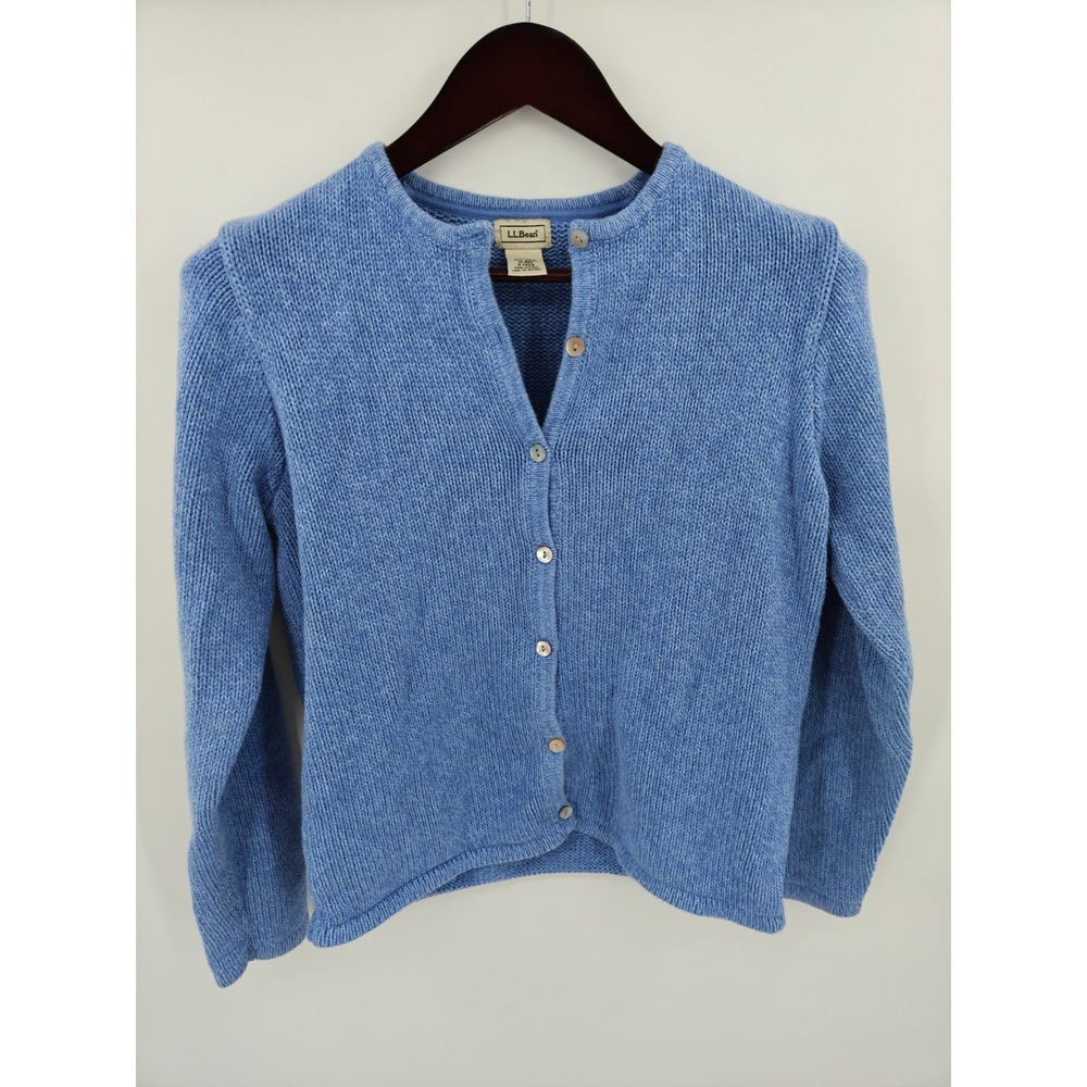 LL Bean Womens Blue Marl Cotton Shaker Knit Button Front Cardigan Sweater M-REG
